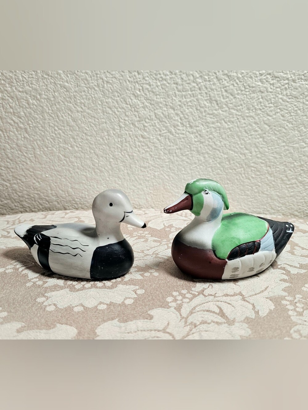 Vintage Hand Painted Ceramic Duck Figurines Pair Some Wear
